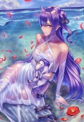 Rule 34 | 1girl, aged up, ahoge, arm support, armpits, azur lane, bare shoulders, beach, black ribbon, blue sky, bow, breasts, closed mouth, cloud, collarbone, day, detached sleeves, dress, dress bow, expressionless, flower on liquid, flower on water, gore (white gore), hair between eyes, hair bun, hair ribbon, highres, holding, holding stuffed toy, large breasts, long hair, looking at viewer, ocean, outdoors, petals, petals on liquid, purple eyes, purple hair, ribbon, scrunchie, see-through, side bun, sidelocks, single hair bun, single side bun, sitting, sky, solo, stuffed animal, stuffed toy, stuffed unicorn, stuffed winged unicorn, thighhighs, thighs, unicorn (azur lane), wariza, waves, white dress, white thighhighs, wind