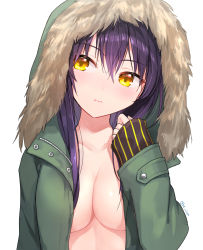 Rule 34 | 1girl, blush, breasts, coat, commentary request, green coat, holding, holding own hair, hood, hooded coat, kz ripo, large breasts, long hair, looking at viewer, no bra, no shirt, original, purple hair, simple background, solo, twitter username, white background, yellow eyes