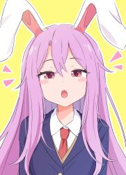 Rule 34 | 1girl, animal ears, black jacket, blazer, blush stickers, collared shirt, commentary, haruki reimari, highres, jacket, long hair, looking at viewer, necktie, notice lines, open mouth, outline, purple hair, rabbit ears, red eyes, red necktie, reisen udongein inaba, shirt, simple background, solo, touhou, upper body, white outline, white shirt, yellow background