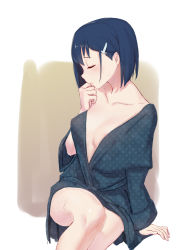 Rule 34 | 10s, 1girl, absurdres, arm support, asymmetrical hair, blue hair, blush, bob cut, breasts, breasts apart, brown background, cleavage, closed eyes, collarbone, darling in the franxx, hair ornament, hairclip, highres, ichigo (darling in the franxx), invisible chair, japanese clothes, kimono, legs together, medium breasts, no bra, open clothes, open kimono, outside border, shiliuyexiaohei, shiny skin, short hair, sitting, solo, sweat, white background