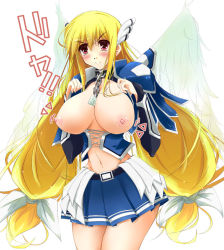 Rule 34 | :&gt;, angel wings, astraea (sora no otoshimono), blonde hair, blush, breasts, large breasts, long hair, nipples, skirt, sora no otoshimono, wings