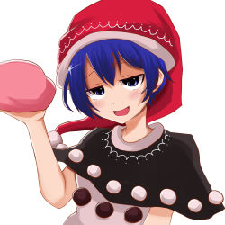Rule 34 | 1girl, :d, blue eyes, blue hair, blush, capelet, doremy sweet, dream soul, hat, jitome, looking at viewer, nightcap, open mouth, pom pom (clothes), short hair, smile, smug, solo, touhou, upper body, yasui nori