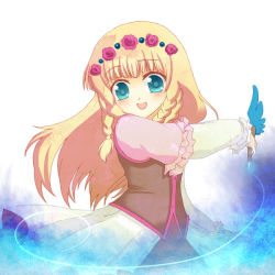 Rule 34 | 1girl, aqua eyes, bandai namco, blonde hair, braid, dress, feathers, flower, frills, hair flower, hair ornament, long hair, miyako (mongcocoa), mongcocoa, red rose, rose, shirley fennes, smile, solo, tales of (series), tales of legendia