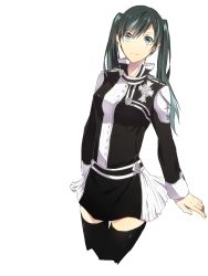 Rule 34 | 1girl, black hair, black jacket, black order uniform, black skirt, black thighhighs, blue eyes, blush, breasts, closed mouth, cropped legs, d.gray-man, hair between eyes, highres, jacket, lenalee lee, long hair, long sleeves, looking at viewer, medium breasts, miniskirt, or i, simple background, skirt, smile, solo, thighhighs, twintails, two-tone skirt, white background, white skirt, zettai ryouiki