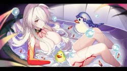 Rule 34 | 1girl, acheron (honkai: star rail), armpit crease, bathing, bathtub, black choker, body markings, breasts, bubble, chinese commentary, choker, closed mouth, commentary request, duplicate, earrings, hair over breasts, hair over one eye, highres, honkai: star rail, honkai (series), jewelry, large breasts, leaning back, letterboxed, long hair, nude, official alternate color, partially submerged, purple veil, red eyes, red petals, rubber duck, sitting, solo, srpzk, very long hair, water, wet, white hair
