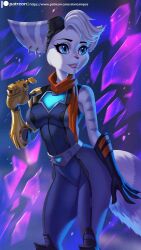 Rule 34 | 1girl, alanscampos, animal nose, artist name, bare shoulders, blue eyes, blue fur, body fur, breasts, collarbone, earrings, female focus, furry, furry female, goggles, goggles on head, highres, jewelry, mechanical hands, medium breasts, navel, nipples, ratchet &amp; clank, ratchet &amp; clank: rift apart, rivet (ratchet &amp; clank), short hair, signature, single mechanical hand, sleeveless, solo, zipper