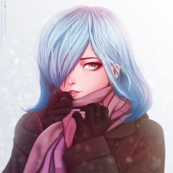 Rule 34 | 10s, 1girl, :d, alternate hair color, artist name, bad id, bad pixiv id, black gloves, brown coat, coat, freckles, gloves, grey background, grey eyes, hair over one eye, highres, kirishima touka, light smile, lips, long sleeves, looking at viewer, miura-n315, open mouth, parted lips, realistic, red scarf, scarf, short hair, silver hair, simple background, smile, snow, solo, teeth, tokyo ghoul, upper body, watermark, web address