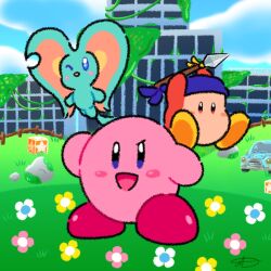 Rule 34 | 3boys, bandana, bandana waddle dee, blue bandana, blue eyes, blue sky, blush stickers, car, city, cloud, commentary, elfilin, english commentary, field, flower, flower field, highres, holding, holding polearm, holding weapon, jradical2014, jumping, kirby, kirby (series), kirby and the forgotten land, motor vehicle, multiple boys, nintendo, no humans, no mouth, one eye closed, open mouth, polearm, red footwear, rock, ruins, signature, sky, smile, spear, star block, weapon, yellow footwear