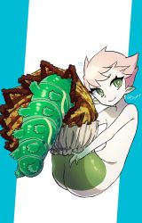 Rule 34 | 1girl, akira (meltyhip), animal request, ass, caterpillar girl, closed mouth, colored skin, completely nude, fewer digits, gradient skin, green eyes, green skin, heart, highres, looking at viewer, monster girl, multicolored skin, nude, original, pink hair, pointy ears, short hair, signature, smile, solo, two-tone skin, white skin