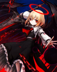 1girl ascot black_nails black_skirt black_wings blonde_hair closed_mouth collared_shirt commentary_request darkness ex-rumia fingernails frilled_shirt_collar frilled_skirt frills hair_between_eyes halo highres holding holding_sword holding_weapon long_fingernails long_sleeves nail_polish red_ascot red_eyes red_halo rumia sharp_fingernails shirt short_hair skirt socks solo spark621 sword touhou weapon white_shirt white_socks wings