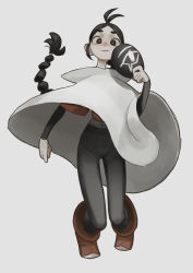Rule 34 | 1girl, absurdres, ahoge, black eyes, black pants, boots, braid, braided ponytail, clenched hand, commentary, full body, grey background, high-waist pants, highres, holding, holding mask, knees together feet apart, long sleeves, looking at viewer, mask, original, pants, poncho, red footwear, red shirt, ryu seok, shirt, solo