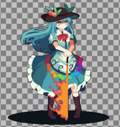 Rule 34 | 1girl, black headwear, blue hair, blue skirt, boots, bow, bowtie, checkered background, closed mouth, cross-laced clothes, food, frilled skirt, frills, fruit, full body, grey background, hands on hilt, hinanawi tenshi, kaaaarin, leaf, long hair, looking at viewer, orange eyes, peach, pixel art, red bow, red bowtie, shirt, short sleeves, skirt, solo, standing, sword of hisou, touhou, white shirt