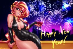 Rule 34 | alcohol, breasts, center opening, cleavage, cup, dress, drinking glass, drizziedoodles, english text, evening gown, fireworks, happy new year, highres, jewelry, looking at viewer, my little pony, new year, no panties, ring, sunset shimmer, wine, wine glass