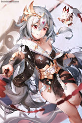Rule 34 | 1girl, asc11, bare shoulders, bird, blue eyes, chicken, fu hua, fu hua (herrscher of sentience), gloves, grey hair, hair between eyes, hair ornament, highres, holding, holding sword, holding weapon, honkai (series), honkai impact 3rd, legs, long hair, looking at viewer, open mouth, red eyes, solo, sword, teeth, thighs, weapon, white background, yin yang