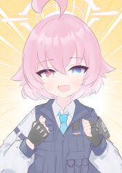 Rule 34 | + +, 1girl, absurdres, black gloves, blue archive, blue eyes, blue necktie, blush, bulletproof vest, clenched hands, commentary request, excited, fang, fingerless gloves, gloves, hair between eyes, halo, hands up, happy, heterochromia, highres, hoshino (blue archive), hoshino (young) (blue archive), ks aya (gztm4838), long sleeves, looking at viewer, medium hair, necktie, orange eyes, pink hair, pink halo, red eyes, shirt, solo, white shirt