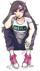 Rule 34 | 1girl, absurdres, acronym, anisa sherzai, artist name, brown eyes, brown hair, can, casual, closed mouth, clothes writing, collarbone, converse, cross-laced footwear, d.va (overwatch), facepaint, facial mark, full body, hand on own face, hand up, head rest, headphones, highres, holding, holding can, lips, long hair, long sleeves, looking at viewer, overwatch, overwatch 1, pants, pink lips, shirt, shoes, short sleeves, simple background, sitting, solo, untied footwear, whisker markings, white background, white shirt