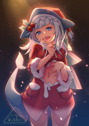 Rule 34 | 1girl, alternate costume, animal hood, blue eyes, blue hair, breasts, commentary request, cowboy shot, fins, fish tail, fur trim, gawr gura, hair ornament, hat, highres, hololive, hololive english, hood, long hair, long sleeves, looking at viewer, merry christmas, midriff, multicolored hair, navel, open mouth, puchu huang, red hat, santa costume, santa hat, shark hood, sharp teeth, silver hair, small breasts, smile, solo, stomach, streaked hair, tail, teeth, virtual youtuber, watermark, web address
