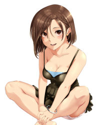 Rule 34 | 10s, 1girl, :d, bare legs, bare shoulders, barefoot, black dress, blush, bracelet, braid, breasts, brown hair, cleavage, collarbone, dress, earrings, french braid, hands on feet, highres, idolmaster, idolmaster cinderella girls, jewelry, looking at viewer, mizuki seira, open mouth, parted lips, saty-rokuji, short hair, sitting, sleeveless, sleeveless dress, smile, solo