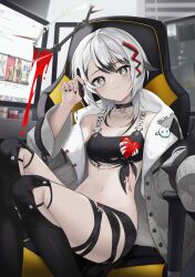 Rule 34 | 1girl, absurdres, black choker, black hair, black nails, black shorts, black thighhighs, breasts, chair, choker, closed mouth, collarbone, commentary request, feet out of frame, grey eyes, grey hair, hair ornament, hand up, head tilt, highres, holding, holding stylus, indie virtual youtuber, jacket, long sleeves, monitor, multicolored hair, nail polish, nanana narang, navel, office chair, on chair, open clothes, open jacket, over-kneehighs, short shorts, shorts, sini42, sleeves past fingers, sleeves past wrists, small breasts, smile, solo, stylus, swivel chair, thighhighs, two-tone hair, virtual youtuber, white jacket