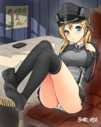 Rule 34 | 10s, 1girl, anchor hair ornament, ass, black skirt, black thighhighs, blonde hair, blue eyes, blush, breasts, cross, feet, full body, hair ornament, handheld game console, hat, iron cross, kantai collection, large breasts, legs up, looking at viewer, low twintails, microskirt, military, military hat, military uniform, moshi (atelier33-4), nintendo 3ds, no shoes, o3o, panties, pantyshot, peaked cap, pleated skirt, prinz eugen (kancolle), sitting, skirt, solo, thighhighs, twintails, twitter username, underwear, uniform, white panties