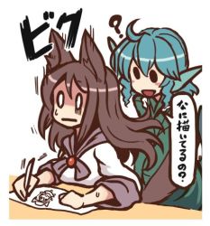Rule 34 | 0 0, 2girls, ?, animal ears, blue hair, brown hair, drawing, fins, head fins, imaizumi kagerou, japanese clothes, kimono, multiple girls, simple background, surprised, tail, terrajin, touhou, wakasagihime, wolf ears, wolf tail