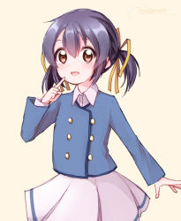 Rule 34 | 1girl, artist request, blue hair, blue shirt, clannad, hair between eyes, hair ribbons, highres, key (company), long hair, long sleeves, looking at viewer, open mouth, pleated skirt, shirt, skirt, smile, sunohara mei, twintails, white skirt, yellow eyes