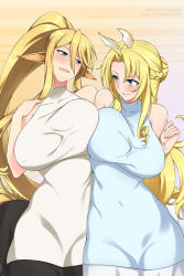 Rule 34 | 2girls, :d, alternate costume, animal ears, bare shoulders, black skirt, blonde hair, blue dress, blue eyes, braid, breast press, breasts, centaur, centorea shianus, commentary, covered collarbone, covered erect nipples, covered navel, cowboy shot, crossover, dress, english commentary, eye contact, french braid, hair between eyes, hair bun, hand up, horse ears, large breasts, lindaroze, long hair, long skirt, looking at another, monster girl, monster musume no iru nichijou, monster musume no oisha-san, multiple girls, multiple legs, open mouth, parted bangs, parted lips, patreon username, pointy ears, ponytail, side-by-side, sidelocks, signature, simple background, single hair bun, skirt, sleeveless, sleeveless dress, smile, standing, taur, taut clothes, taut dress, tisalia scythia, trait connection, twitter username, very long hair, watermark, web address, white dress, white skirt