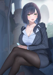 Rule 34 | :d, black hair, black jacket, black pantyhose, black skirt, blush, breasts, cellphone, cleavage, collared shirt, crossed legs, green eyes, highres, jacket, large breasts, looking to the side, mole, mole under mouth, office lady, open mouth, original, pantyhose, phone, shirt, short hair, shougun (chuckni1), skirt, smartphone, smile, train interior, white shirt