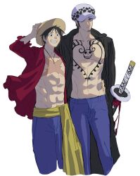 Rule 34 | 2boys, abs, arms behind back, black coat, black eyes, black hair, blue pants, chest tattoo, coat, cowboy shot, denim, expressionless, grin, hat, highres, holding, holding clothes, holding hat, jacket, jeans, jewelry, looking at viewer, monkey d. luffy, multiple boys, muscular, muscular male, necklace, one piece, pants, red jacket, sanpaku, sash, scar, scar on chest, smile, standing, straw hat, sword, tattoo, topless male, trafalgar law, uonomesabu, weapon, white background, white headwear, yellow sash