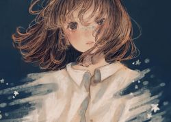 Rule 34 | 1girl, abstract, black eyes, brown hair, collared shirt, crying, floating hair, highres, looking at viewer, orie h, original, parted lips, shirt, short hair, simple background, smudge, solo, star (symbol), tears, upper body, white shirt
