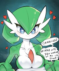 1girl absurdres blush breasts cleavage closed_mouth colored_skin creatures_(company) game_freak gardevoir gen_3_pokemon green_hair green_skin heart highres knup monster_girl nintendo pokemon pokemon_(creature) smile white_skin