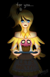 Rule 34 | 1girl, apron, artist name, bare shoulders, blonde hair, blue eyes, blush, breasts, candle, chica, cupcake, female focus, five nights at freddy&#039;s, five nights at freddy&#039;s 2, food, hair between eyes, holding, long hair, looking at viewer, narasubi, navel, open mouth, orange eyes, ponytail, simple background, skirt, small breasts, smile, solo, toy chica, yellow skirt