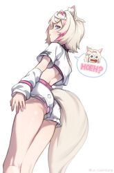 1girl animal_ears ass ass_focus blonde_hair blue_eyes collar cropped_shirt dog_ears dog_girl dog_tail from_below hairband highres hoeh_(meme) hololive hololive_english lw_goombang meme mococo_abyssgard mococo_abyssgard_(puppet) multicolored_hair panties pink_hair pink_hairband pink_panties shirt short_hair short_shorts shorts simple_background solo spiked_hairband spikes striped_clothes striped_panties tail two-tone_hair underwear virtual_youtuber white_arm_warmers white_background white_panties white_shirt