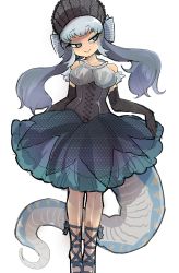 Rule 34 | 1girl, absurdres, alternate costume, bare shoulders, closed mouth, corset, dress, elbow gloves, frills, gloves, goth fashion, green eyes, grey hair, half-closed eyes, head tilt, highres, igarashi (nogiheta), kemono friends, komodo dragon (kemono friends), lipstick, lizard tail, long hair, looking to the side, makeup, simple background, sketch, sleeveless, sleeveless dress, smile, solo, standing, tail, twintails, very long hair, white background