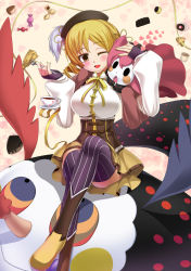 Rule 34 | 10s, 1girl, beret, blonde hair, boots, breasts, candy, charlotte (madoka magica), cheese, corset, crossed legs, cup, darkmaya, detached sleeves, drill hair, fingerless gloves, food, fork, gloves, hair ornament, hat, heart, large breasts, magical girl, mahou shoujo madoka magica, mahou shoujo madoka magica (anime), one eye closed, open mouth, pleated skirt, pudding, ribbon, saliva, shirt, sitting, skirt, smile, taut clothes, taut shirt, teacup, thighhighs, tomoe mami, wink, yellow eyes
