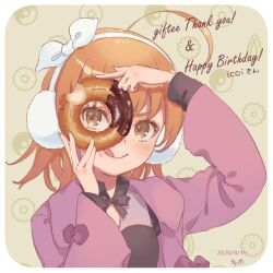 Rule 34 | 1girl, :q, ahoge, black shirt, bow, brown background, brown eyes, brown hair, child, closed mouth, clothing cutout, coat, dated, doughnut, earmuffs, english text, fingernails, food, food-themed background, gift art, hairband, hands up, holding, holding food, last order (toaru majutsu no index), long sleeves, official alternate costume, open clothes, open coat, portrait, purple coat, shirt, short hair, smile, solo, solo focus, tautiki, toaru majutsu no index, toaru majutsu no index: genesis testament, tongue, tongue out, white hairband