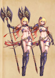 Rule 34 | 1girl, armor, asymmetrical clothes, axe, bad id, bad pixiv id, battle axe, bikini armor, blonde hair, blush, breasts, cleavage, covering privates, detached collar, full body, gluteal fold, hair ornament, highres, looking at viewer, multiple views, navel, open mouth, original, parted lips, pauldrons, purple eyes, senteiou, short hair, shoulder armor, standing, thigh strap, vambraces, variations, weapon