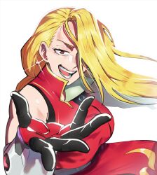 Rule 34 | 1girl, absurdres, blonde hair, borrowed character, breasts, earrings, gloves, hair over one eye, hentaly, highres, jewelry, large breasts, long hair, open mouth, original, reaching, reaching towards viewer, red eyes, simple background, sitting, smile, solo, teeth, white background