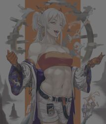 Rule 34 | 1girl, abs, arknights, arm tattoo, bad thumbnail, bandeau, bead bracelet, beads, bracelet, breasts, colored skin, commentary, cowboy shot, dragon girl, dragon horns, dragon tail, earrings, english commentary, fangs, flame-tipped tail, grey hair, highres, horns, jacket, jewelry, long sleeves, looking at viewer, medium hair, midriff, mixed-language commentary, multicolored hair, navel, nian (arknights), nose, off shoulder, open clothes, open jacket, pink eyes, pointy ears, ponytail, red bandeau, red hair, red skin, rock, shorts, small breasts, solo, sprfshl moth, streaked hair, tail, tassel, tassel earrings, tattoo, tongue, tongue out, white jacket, white shorts