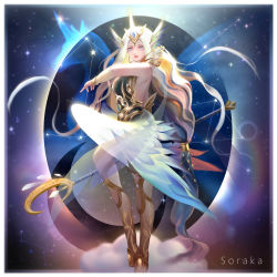 Rule 34 | 1girl, absurdres, alternate costume, alternate hair color, bare shoulders, blue eyes, bracelet, breasts, brown footwear, character name, constellation, full body, gloves, green eyes, green hair, highres, holding, holding staff, hoof shoes, horns, jewelry, league of legends, long hair, looking at viewer, magical girl, medium breasts, pointy ears, single horn, solo, soraka (league of legends), staff, star guardian (league of legends), star guardian soraka, thighhighs, unicorn, very long hair, white gloves