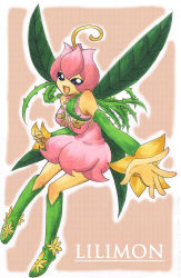 Rule 34 | 1girl, bandai, bare legs, boots, breasts, digimon, don (748826), fairy, fairy wings, female focus, flower, highres, legs, lilimon, looking at viewer, solo, traditional media, wings