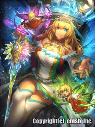 Rule 34 | 1girl, ass, bare shoulders, blue eyes, breasts, butterfly wings, character request, cleavage, crystal sword, curtsey, dragon tactics, dress, fairy, foreshortening, heterochromia, insect wings, large breasts, long hair, long sleeves, looking at viewer, melon22, multicolored clothes, multicolored dress, off shoulder, official art, original, reaching, reaching towards viewer, red eyes, sidelocks, sitting, smile, sword, thighhighs, tiara, weapon, white thighhighs, wings