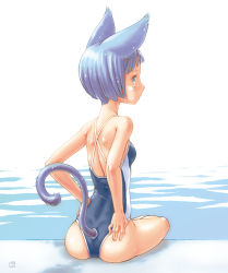 Rule 34 | 1girl, animal ears, ass, backless outfit, bare back, blue eyes, blue hair, cat ears, cat tail, competition swimsuit, dimples of venus, hands on own hips, matching hair/eyes, one-piece swimsuit, original, pool, poolside, profile, short hair, signature, single vertical stripe, sitting, soaking feet, solo, swimsuit, tail, tail hole, uni tenten, water, wet