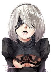 Rule 34 | 1girl, black dress, blindfold, breasts, cleavage, cum, cum on clothes, cum on hair, dress, english text, engrish text, facial, hairband, hews, lips, mole, mole under mouth, nier (series), nier:automata, nipples, one breast out, penis, ranguage, short hair, silver hair, small breasts, solo, upper body, 2b (nier:automata)