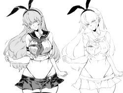 Rule 34 | 1girl, aged up, alternate breast size, bacius, breasts, g-string, greyscale, highres, kantai collection, large breasts, long hair, miniskirt, monochrome, shimakaze (kancolle), simple background, sketch, skirt, thighhighs, thong, very long hair, white background
