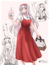 Rule 34 | 1girl, anchor symbol, bag, brown eyes, calling, cellphone, commentary request, dress, drink, drinking straw, feet out of frame, hairband, kantai collection, long hair, looking at viewer, official alternate costume, phone, red dress, red hairband, rin (rin niji), shirt, shoukaku (kancolle), simple background, solo, translation request, twitter username, white background, white hair, white shirt