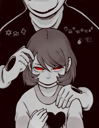 Rule 34 | 1boy, androgynous, brown hair, chara (undertale), evil smile, hand on another&#039;s shoulder, hands on another&#039;s head, heart-shaped hole, highres, looking at viewer, mamaito, monochrome, red eyes, shirt, simple background, smile, spoilers, striped clothes, striped shirt, translated, undertale, w.d. gaster, wingdings