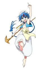 Rule 34 | 1boy, aladdin (magi), arm up, bad id, bad pixiv id, barefoot, blue eyes, blue hair, braid, dalc rose, feet, flute, full body, instrument, long hair, looking at viewer, magi the labyrinth of magic, male focus, matching hair/eyes, midriff, open mouth, simple background, single braid, solo, staff, turban, white background