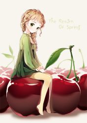 Rule 34 | 1girl, bad id, bad pixiv id, blonde hair, braid, cherry, dress, flower, food, fruit, gomzi, green dress, green eyes, hair flower, hair ornament, hair over shoulder, holding, holding leaf, leaf, looking at viewer, mini person, minigirl, no shoes, original, oversized object, pantyhose, revision, single braid, sitting, solo, spring (season), wavy hair