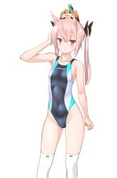 Rule 34 | 1girl, absurdres, black one-piece swimsuit, cameltoe, cleft of venus, clothes writing, commentary request, competition swimsuit, contrapposto, covered navel, creature on head, feet out of frame, hair flaps, hair ribbon, highleg, highleg swimsuit, highres, long hair, mashiko kaoru, multicolored clothes, multicolored swimsuit, nene (toji no miko), one-piece swimsuit, orange eyes, pink hair, ribbon, simple background, swimsuit, takafumi, toji no miko, twintails, white background